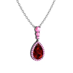 Garnet ve pembe kuvars 925 ayar siyah rodyum kaplama gümüş kolye (40 cm gümüş rolo zincir)