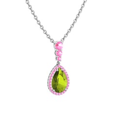 Peridot ve pembe kuvars 925 ayar gümüş kolye (40 cm beyaz altın rolo zincir)