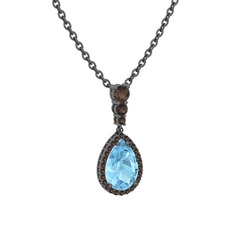 Nil Damlası Kolye - Akuamarin ve dumanlı kuvars 925 ayar siyah rodyum kaplama gümüş kolye (40 cm gümüş rolo zincir) #1chnf7p