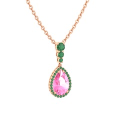 Pembe kuvars ve kök zümrüt 14 ayar rose altın kolye (40 cm rose altın rolo zincir)