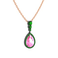 Nil Damlası Kolye - Pembe kuvars ve yeşil kuvars 925 ayar siyah rodyum kaplama gümüş kolye (40 cm rose altın rolo zincir) #1d1xm1p