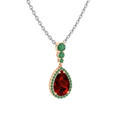 Garnet ve kök zümrüt 18 ayar rose altın kolye (40 cm beyaz altın rolo zincir)