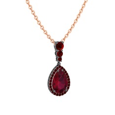 Nil Damlası Kolye - Kök yakut ve garnet 925 ayar siyah rodyum kaplama gümüş kolye (40 cm rose altın rolo zincir) #1e8r4gt