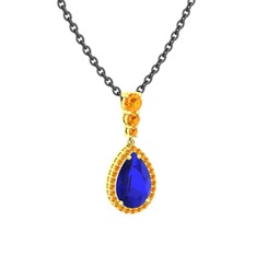 Lab safir ve sitrin 925 ayar altın kaplama gümüş kolye (40 cm gümüş rolo zincir)