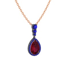 Nil Damlası Kolye - Kök yakut ve lab safir 925 ayar siyah rodyum kaplama gümüş kolye (40 cm rose altın rolo zincir) #1embcon