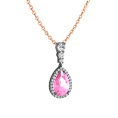 Pembe kuvars ve beyaz zirkon 925 ayar siyah rodyum kaplama gümüş kolye (40 cm rose altın rolo zincir)