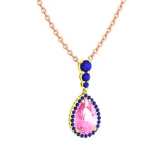 Pembe kuvars ve lab safir 925 ayar altın kaplama gümüş kolye (40 cm rose altın rolo zincir)