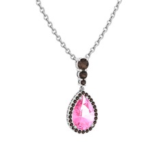 Pembe kuvars ve dumanlı kuvars 18 ayar beyaz altın kolye (40 cm gümüş rolo zincir)