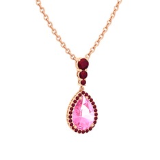 Pembe kuvars ve kök yakut 8 ayar rose altın kolye (40 cm rose altın rolo zincir)
