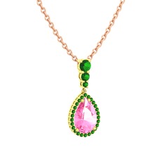 Pembe kuvars ve yeşil kuvars 8 ayar altın kolye (40 cm rose altın rolo zincir)