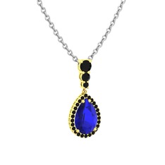 Lab safir ve siyah zirkon 925 ayar altın kaplama gümüş kolye (40 cm beyaz altın rolo zincir)