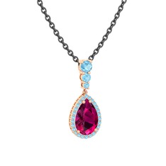 Nil Damlası Kolye - Rodolit garnet ve akuamarin 18 ayar rose altın kolye (40 cm gümüş rolo zincir) #1ker97k