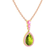 Nil Damlası Kolye - Peridot ve pembe kuvars 18 ayar altın kolye (40 cm rose altın rolo zincir) #1klf9n0