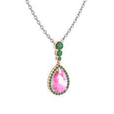 Nil Damlası Kolye - Pembe kuvars ve kök zümrüt 14 ayar rose altın kolye (40 cm beyaz altın rolo zincir) #1lc7cuj