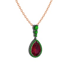 Kök yakut ve yeşil kuvars 925 ayar siyah rodyum kaplama gümüş kolye (40 cm rose altın rolo zincir)