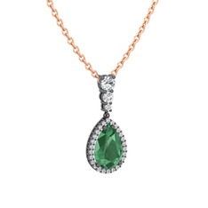 Nil Damlası Kolye - Kök zümrüt ve swarovski 925 ayar siyah rodyum kaplama gümüş kolye (40 cm rose altın rolo zincir) #1m9yzus
