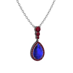 Lab safir ve kök yakut 925 ayar siyah rodyum kaplama gümüş kolye (40 cm beyaz altın rolo zincir)