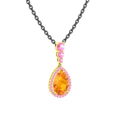 Sitrin ve pembe kuvars 925 ayar altın kaplama gümüş kolye (40 cm gümüş rolo zincir)