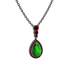 Nil Damlası Kolye - Yeşil kuvars ve garnet 925 ayar siyah rodyum kaplama gümüş kolye (40 cm gümüş rolo zincir) #1nu407g