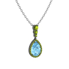 Akuamarin ve peridot 925 ayar siyah rodyum kaplama gümüş kolye (40 cm beyaz altın rolo zincir)