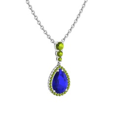 Lab safir ve peridot 18 ayar beyaz altın kolye (40 cm beyaz altın rolo zincir)