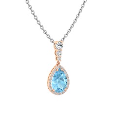 Akuamarin ve swarovski 14 ayar rose altın kolye (40 cm beyaz altın rolo zincir)