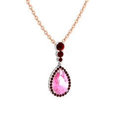 Pembe kuvars ve garnet 14 ayar beyaz altın kolye (40 cm rose altın rolo zincir)