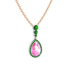 Pembe kuvars ve yeşil kuvars 8 ayar beyaz altın kolye (40 cm gümüş rolo zincir)