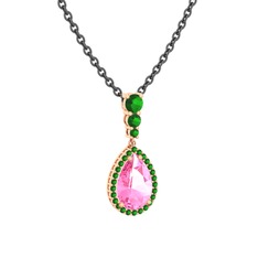 Pembe kuvars ve yeşil kuvars 925 ayar rose altın kaplama gümüş kolye (40 cm gümüş rolo zincir)