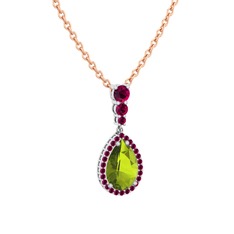 Peridot ve rodolit garnet 8 ayar beyaz altın kolye (40 cm gümüş rolo zincir)