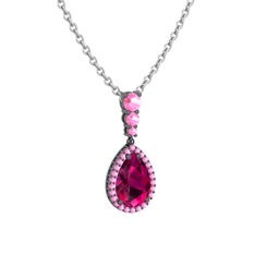 Nil Damlası Kolye - Rodolit garnet ve pembe kuvars 925 ayar siyah rodyum kaplama gümüş kolye (40 cm beyaz altın rolo zincir) #1uclekv