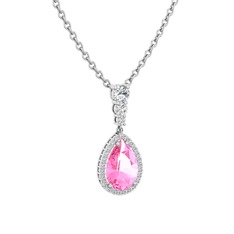 Pembe kuvars ve beyaz zirkon 14 ayar beyaz altın kolye (40 cm beyaz altın rolo zincir)