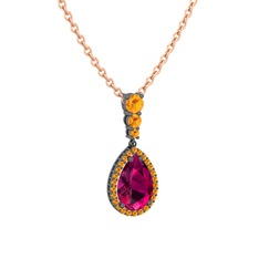 Rodolit garnet ve sitrin 925 ayar siyah rodyum kaplama gümüş kolye (40 cm rose altın rolo zincir)