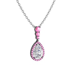 Nil Damlası Kolye - Beyaz zirkon ve pembe kuvars 925 ayar siyah rodyum kaplama gümüş kolye (40 cm beyaz altın rolo zincir) #1wizo1w