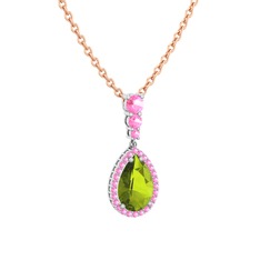 Nil Damlası Kolye - Peridot ve pembe kuvars 8 ayar beyaz altın kolye (40 cm rose altın rolo zincir) #1x21dsf