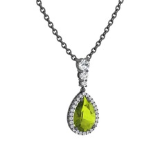 Nil Damlası Kolye - Peridot ve swarovski 925 ayar siyah rodyum kaplama gümüş kolye (40 cm gümüş rolo zincir) #1xuw9y
