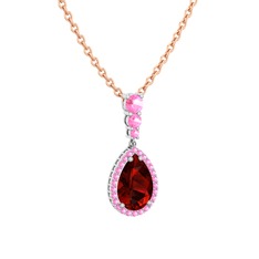 Nil Damlası Kolye - Garnet ve pembe kuvars 14 ayar beyaz altın kolye (40 cm rose altın rolo zincir) #1yoygmj