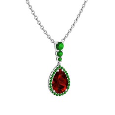 Garnet ve yeşil kuvars 8 ayar beyaz altın kolye (40 cm beyaz altın rolo zincir)