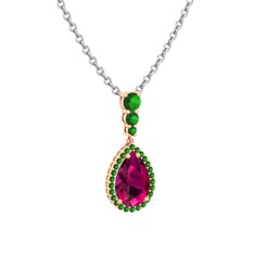 Nil Damlası Kolye - Rodolit garnet ve yeşil kuvars 18 ayar rose altın kolye (40 cm beyaz altın rolo zincir) #2lu0v9
