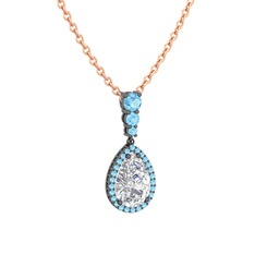 Swarovski ve akuamarin 925 ayar siyah rodyum kaplama gümüş kolye (40 cm rose altın rolo zincir)