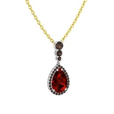 Nil Damlası Kolye - Garnet ve dumanlı kuvars 14 ayar beyaz altın kolye (40 cm altın rolo zincir) #50qkkg