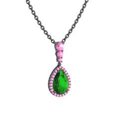 Nil Damlası Kolye - Yeşil kuvars ve pembe kuvars 925 ayar siyah rodyum kaplama gümüş kolye (40 cm gümüş rolo zincir) #5bixky