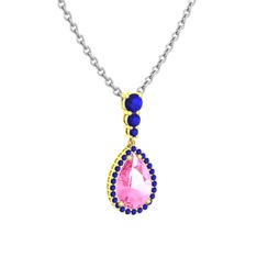 Nil Damlası Kolye - Pembe kuvars ve lab safir 925 ayar altın kaplama gümüş kolye (40 cm beyaz altın rolo zincir) #5mxuw2