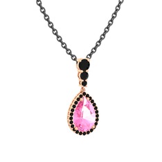 Pembe kuvars ve siyah zirkon 14 ayar rose altın kolye (40 cm gümüş rolo zincir)