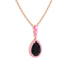 Nil Damlası Kolye - Siyah zirkon ve pembe kuvars 14 ayar rose altın kolye (40 cm gümüş rolo zincir) #63wu5i