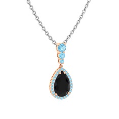 Siyah zirkon ve akuamarin 925 ayar rose altın kaplama gümüş kolye (40 cm beyaz altın rolo zincir)