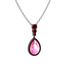 Pembe kuvars ve garnet 925 ayar siyah rodyum kaplama gümüş kolye (40 cm beyaz altın rolo zincir)