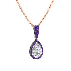 Nil Damlası Kolye - Swarovski ve ametist 925 ayar siyah rodyum kaplama gümüş kolye (40 cm rose altın rolo zincir) #7thtvp