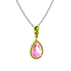 Nil Damlası Kolye - Pembe kuvars ve peridot 925 ayar altın kaplama gümüş kolye (40 cm beyaz altın rolo zincir) #7uwmtw