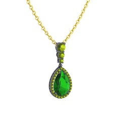 Nil Damlası Kolye - Yeşil kuvars ve peridot 925 ayar siyah rodyum kaplama gümüş kolye (40 cm altın rolo zincir) #8czi63